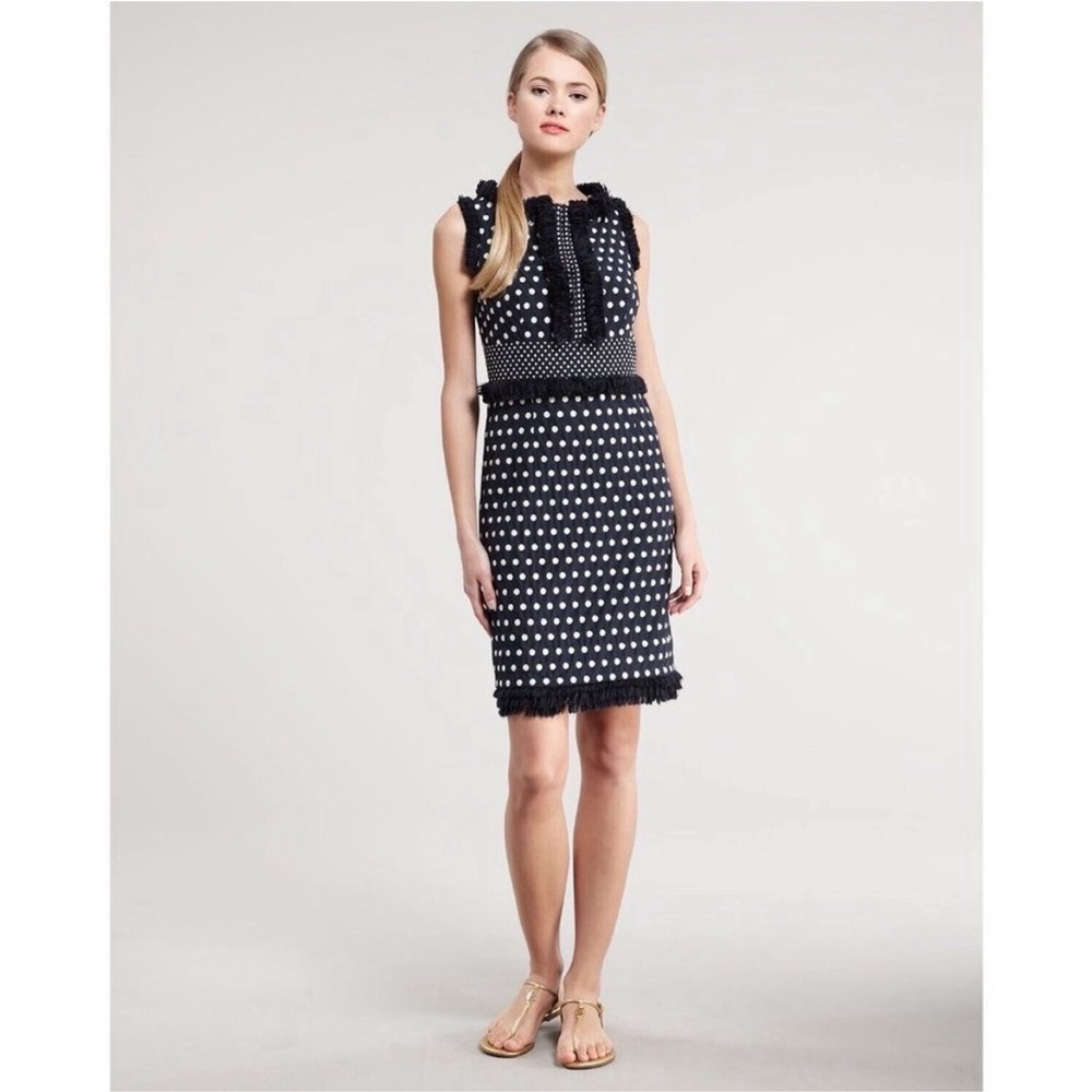 Tory Burch Size 14 Evelyn Sleeveless Sheath Dress
Navy Blue Polka Dot fringe